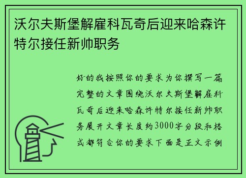 沃尔夫斯堡解雇科瓦奇后迎来哈森许特尔接任新帅职务